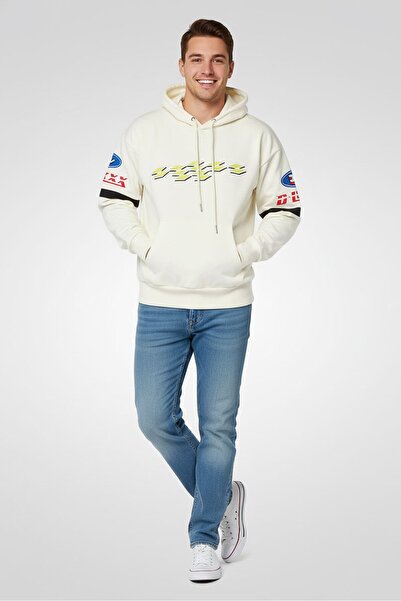 Diesel هودي رجالي بأكمام طويلة وشعار مطرز، لون أبيض كريمي