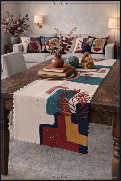 SasoHome Harmony Of Blue And Red Patterned Digital Printed Decorative Runner