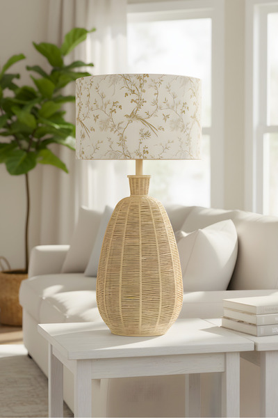 Bahar Aydınlatma Vanya Bej Gövde Baskılı Krem Başlık Rattan Dekoratif Abajur
