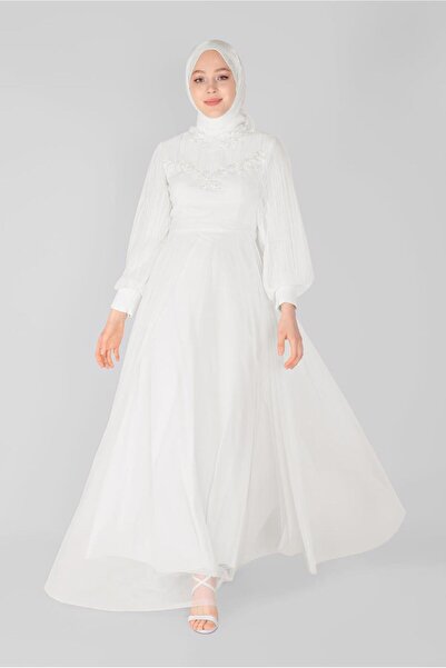 TRENDTESETTÜR KADIN KREM İNCİLİ NAKIŞLI ABİYE ELBİSE 23110