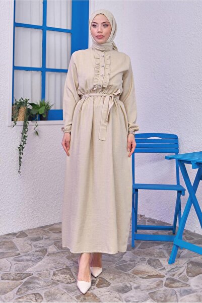 TRENDTESETTÜR KADIN BEJ KUŞAKLI ELBİSE T 1583