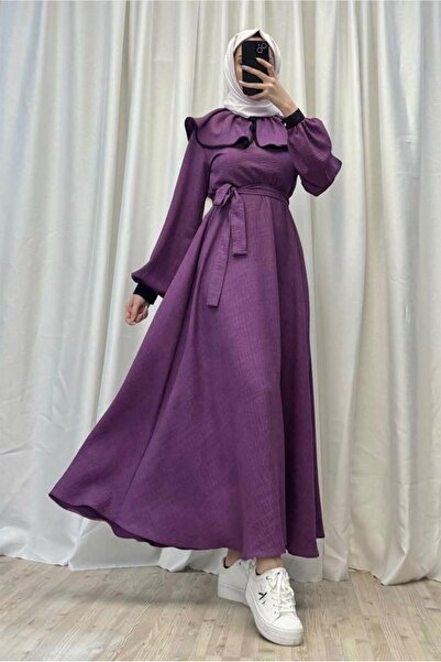 TRENDTESETTÜR KADIN MOR KUŞAKLI TESETTÜR ELBİSE T 8806