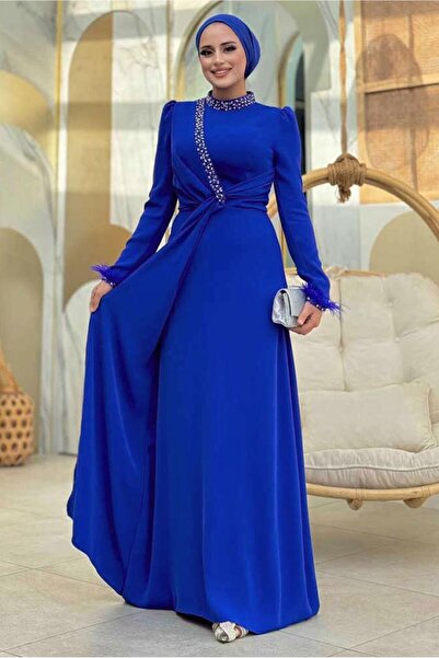 TRENDTESETTÜR Women's Dark Blue (Saks) Stone Evening Dress t 1207