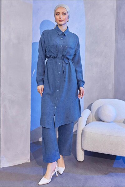 TRENDTESETTÜR KADIN LACİVERT (İNDİGO) KETEN GÖRÜNÜMLÜ PANTOLONLU TAKIM T 5304