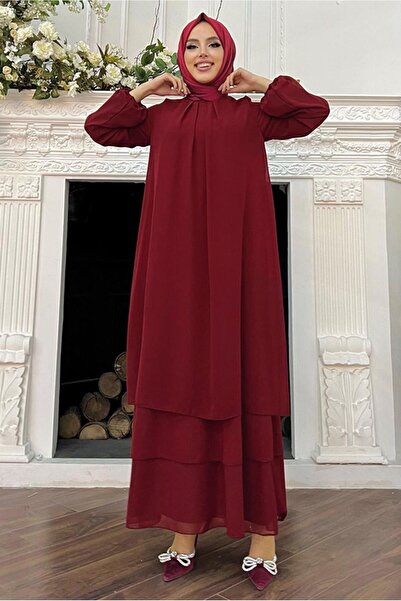 TRENDTESETTÜR KADIN BORDO MANŞETLERİ LASTİKLİ ŞİFON KAT ELBİSE T 0603