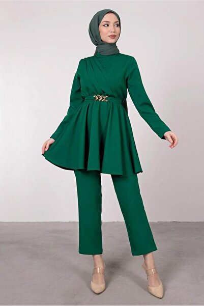 TRENDTESETTÜR KADIN YEŞİL (ZÜMRÜT) DRAPE DETAYLI KEMERLİ PANT. TAKIM T 0685