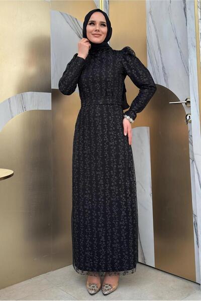 TRENDTESETTÜR KADIN SİYAH KEMERLİ ABİYE ELBİSE T 8011