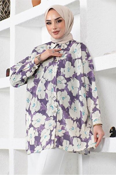 TRENDTESETTÜR KADIN MOR (A.MOR) DESENLİ YANI YIRTMAÇLI GÖMLEK TUNİK T 9888