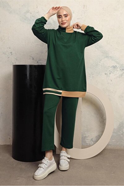 TRENDTESETTÜR KADIN YEŞİL (ZÜMRÜT) ÜÇ RENKLİ BOĞAZLI PANTOLONLU EŞOFMAN TAKIM...