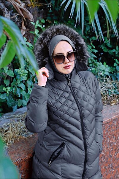 TRENDTESETTÜR KADIN GRİ KAPÜŞONLU ŞİŞME KABAN T 0041