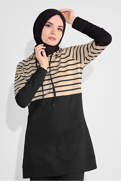 TRENDTESETTÜR KADIN SİYAH (SİYAH-VİZON) KAPÜŞONLU ÇİZGİLİ EŞOFMAN TAKIM 1055