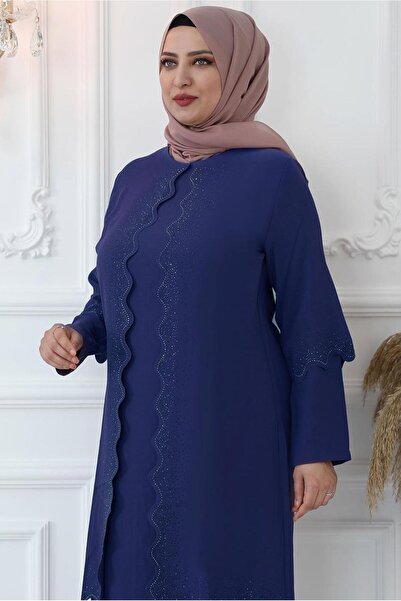 TRENDTESETTÜR KADIN LACİVERT (İNDİGO) LAZER KESİM TAŞ BASKILI ABİYE ELBİSE T ...