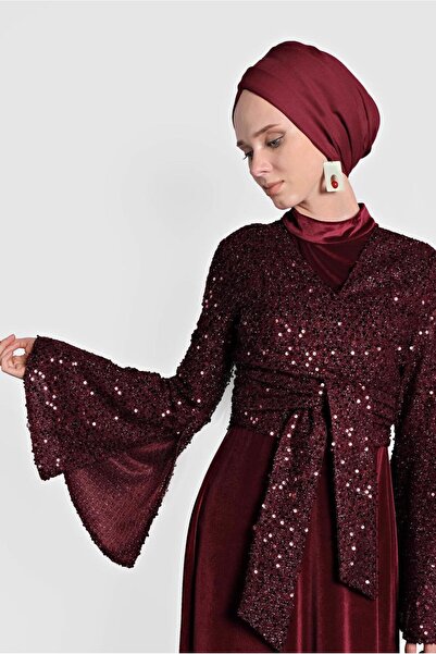 TRENDTESETTÜR KADIN BORDO PULLU TROMPET KOL ELBİSE 40291