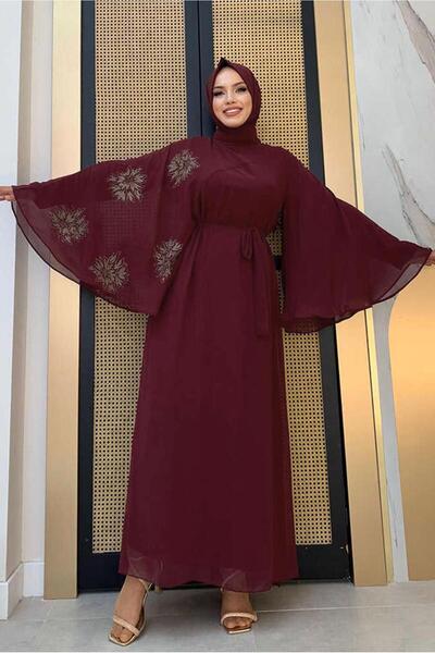 TRENDTESETTÜR KADIN BORDO DESENLİ YARASA KOL ELBİSE T 9353