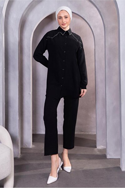 TRENDTESETTÜR KADIN SİYAH BONCUK DETAYLI PANTOLONLU TAKIM T 5093