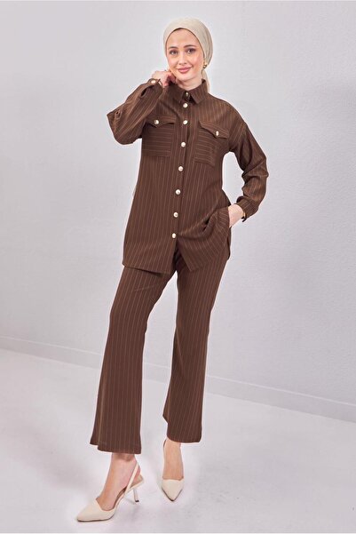 TRENDTESETTÜR KADIN KAHVE ÇİZGİLİ PANTOLONLU TAKIM T 6883