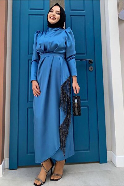 TRENDTESETTÜR KADIN LACİVERT (İNDİGO) KEMERLİ PÜSKÜLLÜ SATEN ABİYE ELBİSE T 3673