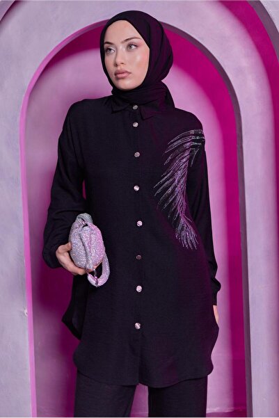 TRENDTESETTÜR KADIN SİYAH TAŞ BASKILI PANTOLONLU TAKIM T 0783