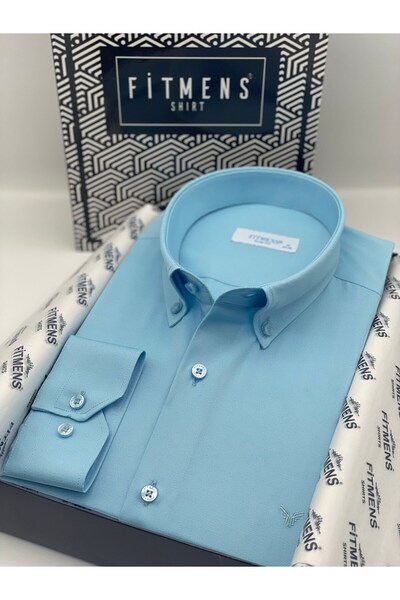 Fitmens قميص رجالي باللون الفيروزي - مقاس نحيف، كم طويل، قطن، علبة هدايا، سهل...