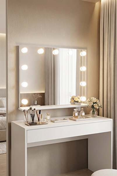 benim odam Diva Full Hollywood Raflı Led Işıklı Ayna Düz Beyaz