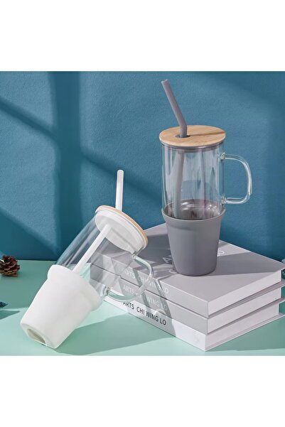 ibico Safirs Bambu Kapaklı Çelik Pipetli Renkli Big Mug Büyük Boy Cam Kupa Ba...