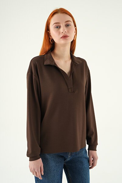 Rays 8275A Pulover cu guler tip cămașă, maro