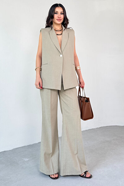 Cappmoda Tkm-13257 Khaki Double Breasted Collar Padded Vest Back Waist Elasti...