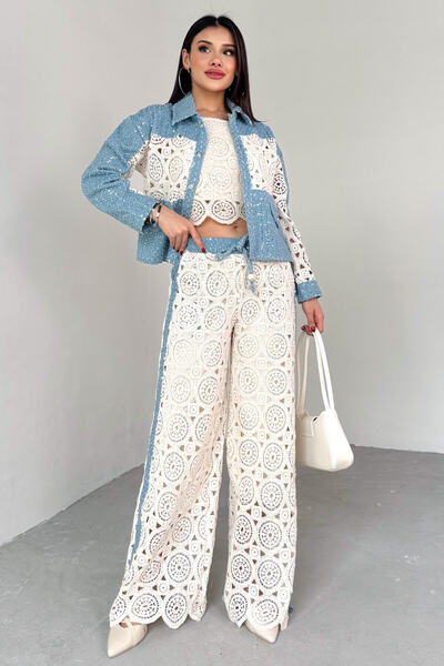 Cappmoda TKM-03705 Синій мереживний детальний джинсовий жакет блузка штани по...