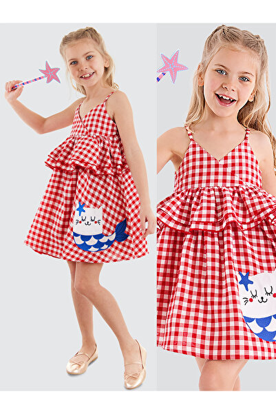 Denokids Cat Girl's Red Plaid Ruffle Strap Dress