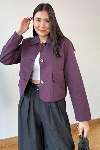 Cappmoda CKT-0163 Mürdüm Astarlı Gabardin Cepli Crop Ceket