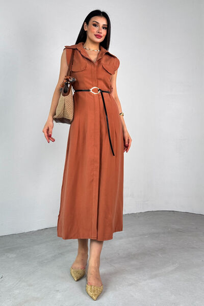 Cappmoda Elb-01783 Tan Belted Shirt Collar Pocket Zero Sleeve Summer Dress
