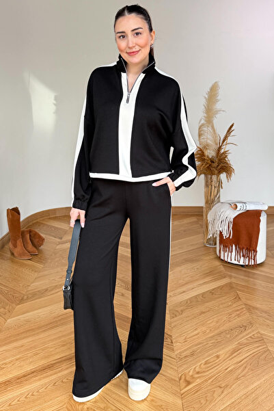 Cappmoda TKM-35704 Siyah Şerit Detaylı Dik Yaka Fermuarlı Bel Büzgülü İkili T...