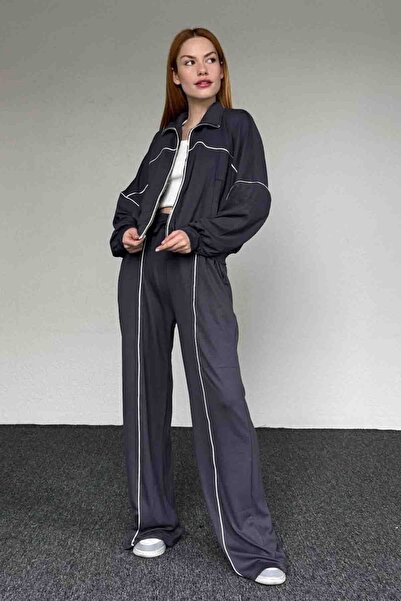 Cappmoda TKM-03651 Füme Çizgili Modal Kumaş Fermuarlı Hırka Salaş Eşofman İki...