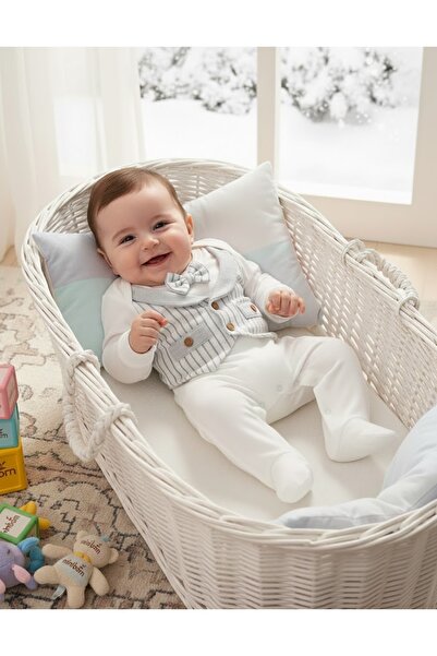 MİNİBORN Şık Pamuklu Papyonlu Çizgili Uzun Kollu Erkek Bebek Tulum