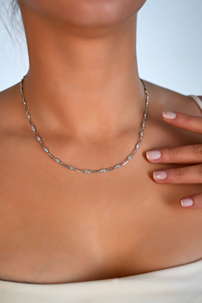 SUNSHINE 925 Ayar Gümüş Rodyum Kaplamalı Ataç Zincirli Taşlı Zarif Kolye