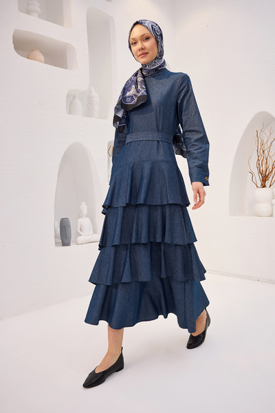 LOCCO Сукня з воланами та джинсовим ефектом, темно-синя