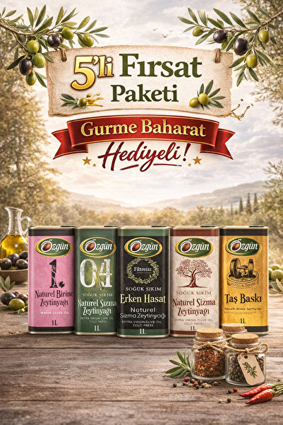 ÖZGÜN ZEYTİN & ZEYTİNYAĞI Soğuk Sıkım Naturel Zeytinyağı Tadım Paketi ( 5x1 L...