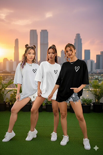 DAXİS Sportwear Company 3'LÜ Kadın Küçük Kalp Baskılı Oversize Tshirt