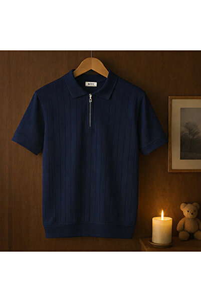 ZMODA SOFT تي شيرت رجالي ذو ياقة بولو وسحاب مخطط من Old Money باللون الأزرق ا...