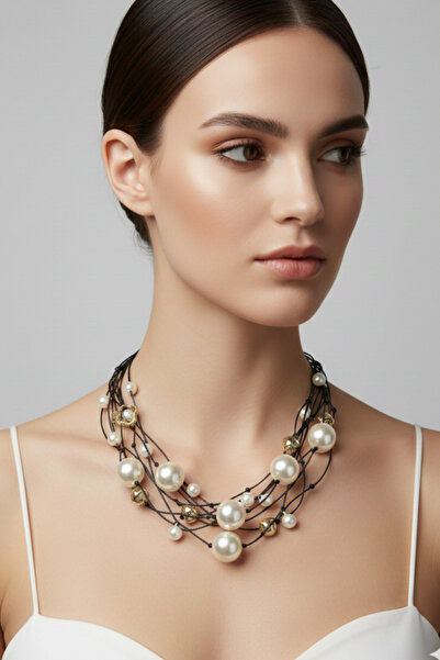 PETEK AKSESUAR İNCİLİ TARZ ÇOKLU UZUN DERİ İP KOLYE