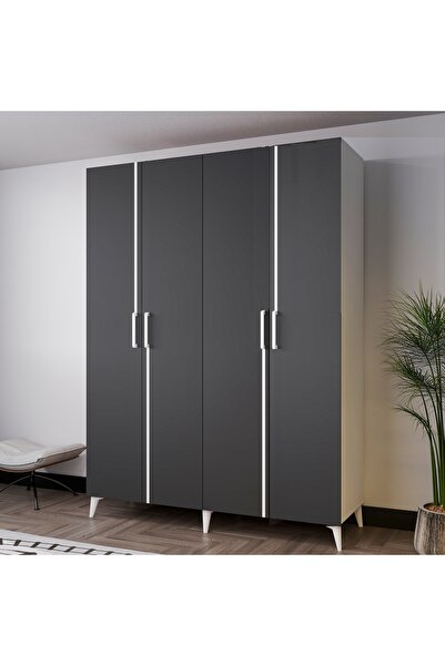 AZZURİ MEZZO 140 cm 4 Kapaklı Genç Odası Dolabı-Gardırop-Dolap Antrasit Beyaz...