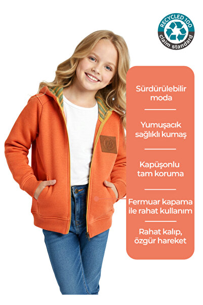 Ozmoz By Mukadder Özden Sustainable Zippered Hooded Orange Winter Girls' Jacket