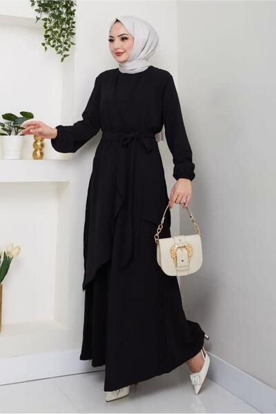TRENDTESETTÜR KADIN SİYAH KUŞAKLI PANTOLONLU TAKIM T 3477