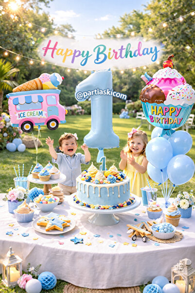 PARTİ AŞKI 1 Yaş Dondurma Temalı 5'li Balon Seti & Erkek Çocuk -Bebek Ice Cre...