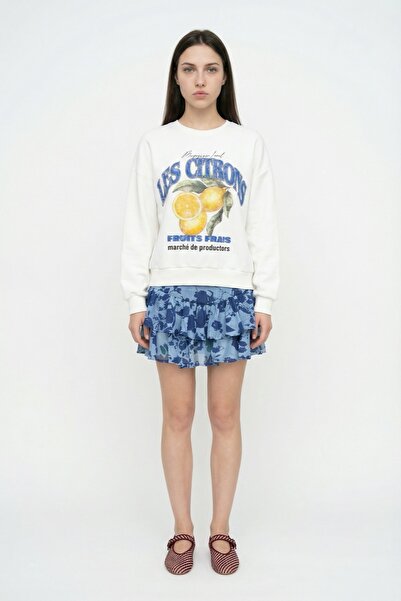 Quzu Floral Patterned Flounced Mini Skirt Blue