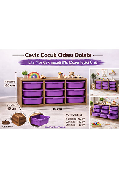 Industrial Living 18mm MDF Ceviz Çocuk Odası Dolabı, Lila Çekmeceli 9’lu Düze...