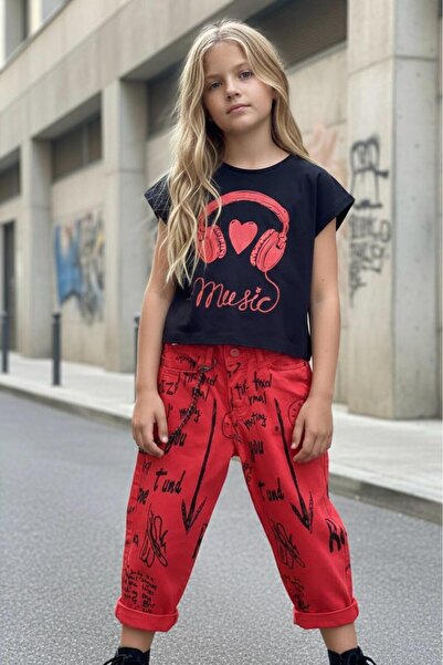 Hilal Akıncı Kids Dečije slušalice Štampano crna majica sa lancem i tekstom, ...