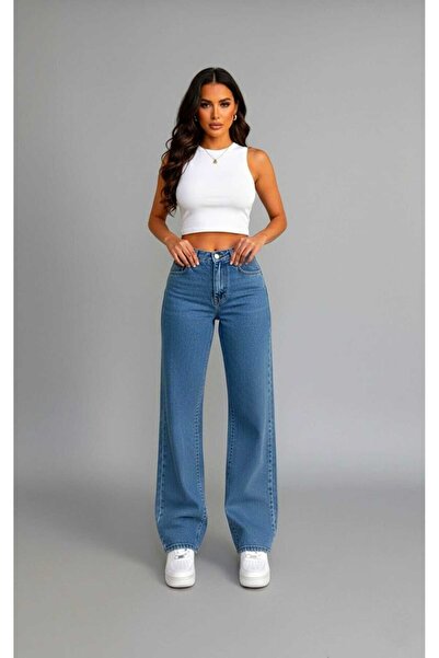 Trn JNS بنطلون بالازو من قماش الدنيم ذو الخصر العالي للغاية باللون الأزرق الد...