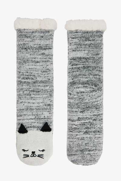 Penti Off-White Cat Embroidered Fluffy House Slippers