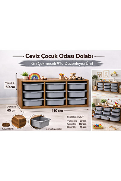 Genel Markalar 18mm MDF Ceviz Çocuk Odası Dolabı, Gri Çekmeceli 9’lu Düzenley...